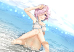 Rule 34 | 1girl, :d, absurdres, alternate costume, ass, bare arms, bare legs, bare shoulders, barefoot, blush, breasts, casual, cleavage, cloud, cloudy sky, collarbone, commentary request, day, fate/grand order, fate (series), feet, hair over one eye, highres, knees together feet apart, legs up, lens flare, looking at viewer, mash kyrielight, medium breasts, open mouth, outdoors, partially submerged, pink hair, purple eyes, short hair, sitting, sky, sleeveless, smile, soles, solo, strap slip, toes, v, water, water drop, yorubeni