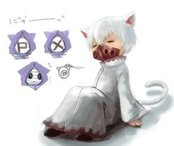 Rule 34 | 1girl, 4boys, animal ears, arm support, bandages, bandaged head, bandages, bin brothers (tokyo ghoul), cat ears, cat tail, eto (tokyo ghoul), closed eyes, grey background, hair between eyes, hood, hood up, knees up, long sleeves, mask, mouth mask, multiple boys, noro (tokyo ghoul), short hair, simple background, sitting, solo focus, straw like, tail, tatara (tokyo ghoul), tokyo ghoul, translation request, white hair