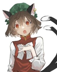 Rule 34 | 1girl, animal ears, bow, bowtie, brown hair, cat ears, cat girl, cat tail, chen, earrings, fang, green hat, hat, highres, jewelry, long sleeves, looking at viewer, mob cap, multiple tails, nanasuou, nekomata, one-hour drawing challenge, open mouth, short hair, simple background, single earring, solo, tail, touhou, two tails, upper body, white background, white bow, white bowtie
