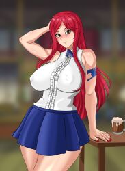 Rule 34 | blue skirt, breasts, erza scarlet, fairy tail, highres, large breasts, long hair, mature female, red hair, skirt