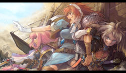 Rule 34 | 2boys, 2girls, armor, battle, brown hair, carrying, chainmail, cuts, day, dirty, fleeing, frown, gloves, hairband, holding, holding sword, holding weapon, injury, letterboxed, multiple boys, multiple girls, panties, pantyshot, pink hair, pixiv fantasia, pixiv fantasia 3, piyo, sitting, smoke, sword, thighhighs, underwear, weapon