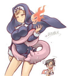 Rule 34 | 2girls, ^^^, bare legs, black hair, blonde hair, breasts, character name, chibi, clothes lift, consensual tentacles, cross, cross necklace, double (skullgirls), extra mouth, closed eyes, fire, fire, glasses, gloves, habit, hair up, hat, highres, jewelry, large breasts, multiple girls, necklace, nikubanare, nun, panties, pasties, power connection, scarf, skirt, skirt lift, skullgirls, teeth, tentacles, translated, underwear, venus (skullgirls)