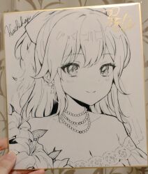 Rule 34 | 1girl, artist&#039;s hand in frame, bare shoulders, bead necklace, beads, blush, breasts, bridal veil, cleavage, closed mouth, collarbone, commentary request, dot nose, dress, earrings, greyscale, hair between eyes, hayasaka mei, idoly pride, jewelry, long bangs, long hair, medium breasts, monochrome, necklace, off-shoulder dress, off shoulder, photo (medium), plum (arch), raised eyebrows, shikishi, sidelocks, smile, solo, veil, wedding dress