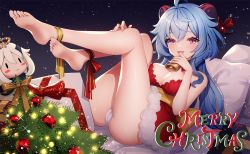 Rule 34 | 2girls, ahoge, ankkoyom, ass, bare arms, bare shoulders, barefoot, bell, blue hair, breasts, cameltoe, christmas, christmas tree, cleavage, commentary, cowbell, dress, feet, fur trim, ganyu (genshin impact), genshin impact, goat horns, highres, horns, legs up, long hair, looking at viewer, low ponytail, medium breasts, merry christmas, multiple girls, open mouth, paimon (genshin impact), panties, purple eyes, reclining, red dress, short dress, sleeveless, sleeveless dress, smile, snowing, thighs, underwear, white panties