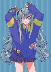 Rule 34 | 1girl, 3774., arms up, black skirt, blue jacket, collared shirt, cowboy shot, green background, green eyes, green hair, hair ornament, hairclip, hatsune miku, highres, jacket, long hair, long sleeves, looking at viewer, open mouth, pleated skirt, shirt, skirt, solo, striped, striped background, twintails, vocaloid, white shirt, x hair ornament
