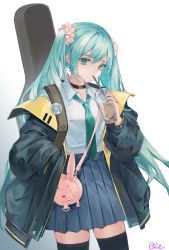 Rule 34 | 1girl, blue eyes, blue hair, choker, cowboy shot, cup, disposable cup, drinking, drinking straw, guitar case, hair between eyes, hatsune miku, heart, holding, holding cup, instrument case, jacket, long hair, long sleeves, looking at viewer, open clothes, open jacket, qie, school uniform, simple background, skirt, solo, standing, thighhighs, twintails, vocaloid, white background, zettai ryouiki