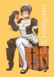 Rule 34 | 1girl, amputee, apron, black bra, black footwear, blunt bangs, bra, breasts, brown hair, can, center frills, choker, cleavage, coca-cola, cyborg, drink can, english text, formal, frilled choker, frills, full body, hair bun, high heels, highres, knees together feet apart, kuon (kwonchanji), large breasts, maid, maid headdress, mechanical arms, mechanical legs, mechanical parts, mole, mole under mouth, original, puffy sleeves, red eyes, short hair, simple background, single hair bun, single mechanical leg, single thighhigh, sitting, soda can, solo, suit, thighhighs, triangle mouth, triple amputee, underwear, very short hair, waist apron, white thighhighs, wire, yellow background