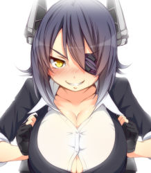 Rule 34 | 10s, 1girl, black hair, blush, breasts, cleavage, eyepatch, fingerless gloves, gloves, grin, headgear, huge breasts, kantai collection, large breasts, looking at viewer, paizuri, paizuri under clothes, personification, short hair, smile, solo, tenryuu (kancolle), tori (minamopa), yellow eyes
