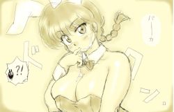 Rule 34 | 1girl, animal ears, bare shoulders, braid, breasts, cleavage, cum, fake animal ears, finger in own mouth, large breasts, leotard, mage (harumagedon), monochrome, playboy bunny, rabbit ears, ranma-chan, ranma 1/2, suggestive fluid, translation request, upper body