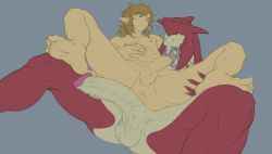 Rule 34 | 2boys, abs, anus, ass, barefoot, blonde hair, dizdoodz, erection, feet, grin, highres, interspecies, large penis, link, multiple boys, naughty face, nintendo, nude, penis, penis grab, pointy ears, sidon, size difference, smile, the legend of zelda, the legend of zelda: breath of the wild, toes, yaoi