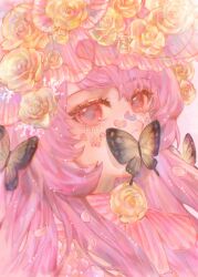 Rule 34 | 1girl, absurdres, anafei, black butterfly, bug, butterfly, commentary, covered mouth, english commentary, eyelashes, flower, highres, insect, long hair, looking at viewer, original, petals, pink eyes, pink hair, portrait, simple background, solo, white background, yellow flower