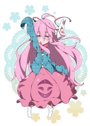 Rule 34 | 1girl, arm up, blue shirt, bow, chibi, circle, commentary, doily, fox mask, full body, hair between eyes, hata no kokoro, long hair, long sleeves, looking at viewer, mask, unworn mask, milkpanda, no shoes, parted lips, pink eyes, pink hair, pink skirt, plaid, plaid shirt, pleated skirt, red bow, shirt, skirt, sleeves past fingers, sleeves past wrists, socks, solo, standing, star (symbol), touhou, triangle, unmoving pattern, very long hair, white background, white socks, x