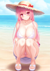 Rule 34 | 1girl, arms under breasts, beach, breasts, cameltoe, cellphone, collarbone, crossed arms, cygnus (cygnus7), dress, hat, highres, holding, holding phone, large breasts, long hair, looking at viewer, ocean, original, outdoors, phone, pink eyes, pink hair, smartphone, smile, solo, squatting, straw hat, sundress, sunlight, thighs, toes, twitter username