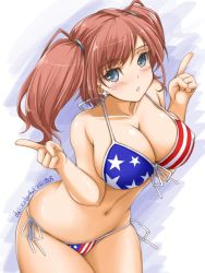 Rule 34 | 1girl, akimoto dai, american flag bikini, artist name, atlanta (kancolle), bikini, breasts, brown hair, commentary request, cowboy shot, dated, earrings, flag print, grey eyes, halterneck, highres, index fingers raised, jewelry, kantai collection, large breasts, long hair, looking at viewer, side-tie bikini bottom, solo, star (symbol), star earrings, string bikini, swimsuit, two side up