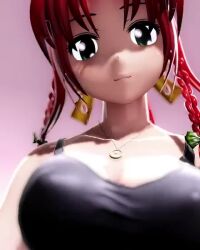Rule 34 | 1girl, 3d, animated, breasts, cleavage, covered erect nipples, denim, denim shorts, green eyes, hong meiling, long hair, looking at viewer, medium breasts, mofumoko5, red hair, shorts, solo, tagme, thighs, touhou, video