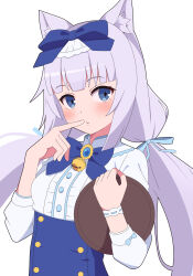 Rule 34 | 1girl, absurdres, animal ear fluff, animal ears, bell, blue bow, blue eyes, blunt bangs, blunt ends, blush, bow, cat ears, cat girl, cat tail, center frills, collared shirt, commentary, finger to mouth, frills, grey hair, hair bow, hands up, highres, holding, holding tray, index finger raised, jingle bell, long hair, long sleeves, looking at viewer, low twintails, neck bell, nekopara, parted lips, shirt, sidelocks, simple background, solo, tail, tray, twintails, upper body, vanilla (nekopara), very long hair, white background, white shirt, zlmh7okwwbmghfo