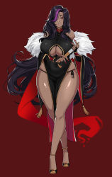 Rule 34 | 1girl, bare shoulders, black hair, breasts, bridal gauntlets, china dress, chinese clothes, cleavage cutout, clothing cutout, dark-skinned female, dark skin, dress, folded fan, folding fan, full body, hair over one eye, half-closed eyes, hand fan, hella p, highres, holding, holding fan, large breasts, long hair, looking down, multicolored hair, nail polish, original, parted lips, purple hair, red background, red eyes, red nails, simple background, skindentation, solo, standing, streaked hair, thighs, very long hair
