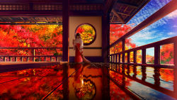 Rule 34 | 1girl, autumn, autumn leaves, bamboo broom, black hair, blue sky, broom, circle, cloud, commentary request, day, geta, hakama, hakama skirt, highres, holding, interior, japanese clothes, kimono, leaf, maple leaf, miko, ponytail, red hakama, reflection, reflective floor, room, scenery, sidelocks, skirt, sky, smile (qd4nsvik), solo, traditional clothes, tree, white kimono, wide sleeves, wooden ceiling, wooden floor, wooden railing