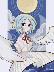 Rule 34 | 1girl, :|, angel wings, aqua eyes, arms behind back, blue hair, child, closed mouth, cloud, collared dress, dress, enomoto noa, feathered wings, highres, light blue hair, medium hair, moon, neck ribbon, night, night sky, puffy short sleeves, puffy sleeves, red ribbon, ribbon, saibou shinkyoku, short sleeves, sky, solo, sparkle, star (sky), star (symbol), striped clothes, striped dress, vertical-striped clothes, vertical-striped dress, white dress, white ribbon, white wings, wings, yuezidary
