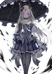 Rule 34 | 1girl, abigail williams (fate), abigail williams (third ascension) (fate), aura, bare shoulders, black bow, black dress, black flower, black hat, black pantyhose, black rose, black umbrella, blush, bow, breasts, closed mouth, collarbone, commentary request, dark aura, dress, dust9, fate/grand order, fate (series), flower, frilled dress, frills, glowing, glowing eyes, gothic lolita, hair bow, hat, highres, holding, holding umbrella, juliet sleeves, lolita fashion, long hair, long sleeves, looking at viewer, multiple hair bows, orange bow, pale skin, pantyhose, parted bangs, pleated dress, puffy sleeves, purple eyes, rose, see-through, signature, small breasts, smile, solo, strapless, strapless dress, umbrella, very long hair, white background, white hair