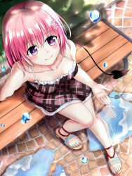 Rule 34 | 1girl, blush, demon tail, dress, feet, flower, from above, hair flower, hair ornament, highres, looking at viewer, looking up, momo velia deviluke, nail polish, outdoors, pavement, pink hair, purple eyes, sandals, short hair, smile, solo, tail, to love-ru, toenail polish, toenails, toes, xyomouse