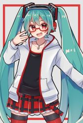 Rule 34 | 1girl, akikan sabago, aqua hair, belt, black shirt, commentary, cowboy shot, glasses, hand up, hatsune miku, headphones, highres, hood, hoodie, jewelry, long hair, miniskirt, natural (module), necklace, open mouth, plaid, plaid skirt, pleated skirt, project diva (series), red-framed eyewear, red eyes, red skirt, red thighhighs, semi-rimless eyewear, shirt, skirt, smile, solo, thighhighs, twintails, very long hair, vocaloid, white hoodie