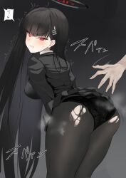Rule 34 | 1girl, ass, black hair, black jacket, black panties, black pantyhose, black skirt, black suit, blue archive, blunt bangs, blush, breasts, clenched teeth, formal, hair ornament, hairclip, halo, highres, jacket, large breasts, long hair, long sleeves, looking at viewer, looking back, miniskirt, osanpo02, panties, panties under pantyhose, pantyhose, pleated skirt, red eyes, rio (blue archive), skirt, solo, spanking, suit, teeth, thighs, torn clothes, torn pantyhose, underwear, very long hair