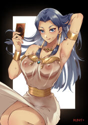 Rule 34 | 1girl, arm behind head, arm up, armlet, black hair, blue eyes, blush, bracelet, breasts, card, covered erect nipples, dark-skinned female, dark skin, dress, egyptian clothes, gold, hair tubes, highres, holding, holding card, ishizu ishtar, jewelry, large breasts, licking lips, long hair, looking at viewer, mibry (phrysm), millennium necklace, nipples, see-through, see-through dress, solo, sweat, tongue, tongue out, trading card, white dress, yu-gi-oh!, yu-gi-oh! duel monsters