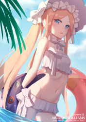 Rule 34 | 1girl, abigail williams (fate), abigail williams (swimsuit foreigner) (fate), abigail williams (swimsuit foreigner) (third ascension) (fate), absurdres, bare shoulders, bikini, black jacket, blonde hair, blue eyes, bonnet, bow, breasts, character name, commentary request, day, eyebrows hidden by hair, fate/grand order, fate (series), forehead, hair bow, highres, innertube, jacket, koi0806, long hair, looking at viewer, navel, outdoors, parted bangs, parted lips, small breasts, solo, star (symbol), swim ring, swimsuit, twintails, very long hair, wading, water, white bikini, white bow, white headwear