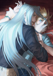 Rule 34 | 2boys, alternate universe, black shirt, blonde hair, blood, blood from mouth, blue eyes, cloud strife, covering another&#039;s mouth, eilinna, fang, final fantasy, final fantasy vii, green eyes, grey hair, hand on another&#039;s arm, hand over another&#039;s mouth, highres, holding, long bangs, long hair, long sleeves, lying, male focus, multiple boys, on back, on bed, pants, pinned, sephiroth, shirt, short hair, smile, spiked hair, vampire, watch, wristwatch, yaoi