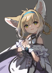 Rule 34 | 1girl, :d, animal, animal ear fluff, animal ears, arknights, bare shoulders, bird, blonde hair, blue hairband, braid, commentary request, fox ears, green eyes, grey background, hair between eyes, hair rings, hairband, highres, holding, holding animal, looking at viewer, multicolored hair, open mouth, purple skirt, shirt, simple background, skirt, smile, solo, suzuran (arknights), twin braids, two-tone hair, white hair, white shirt, wrist cuffs, zuiqiang zayu