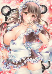 Rule 34 | 1girl, apron, azur lane, breasts, brown dress, brown hair, choukai (azur lane), choukai (tidy store tidy mind) (azur lane), cleavage, curvy, dress, frilled dress, frills, highres, large breasts, long hair, looking at viewer, maid apron, maid headdress, marker (medium), official alternate costume, orange eyes, puffy short sleeves, puffy sleeves, saya pr, short sleeves, solo, thighhighs, traditional media, white apron, white thighhighs