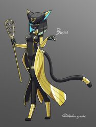 Rule 34 | 1girl, animal ears, anklet, bastet (mythology), black hair, black skin, blue eyes, blue hair, breasts, cat ears, cat girl, cat tail, colored eyelashes, colored inner hair, colored skin, digitigrade, egyptian, elbow gloves, furry, furry female, gloves, gold trim, grey background, highres, jewelry, medium breasts, multicolored hair, nail polish, one eye closed, original, sistrum, solo, tabard, tail, tail ornament, tail ring, thighlet, toipokun oyashi, two-tone hair, usekh collar