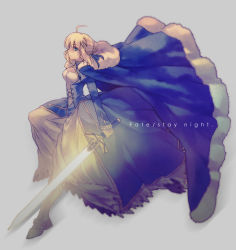 Rule 34 | 1girl, ahoge, artoria pendragon (fate), blonde hair, cape, dress, excalibur (fate/stay night), fate/stay night, fate (series), glowing, glowing sword, glowing weapon, green eyes, highres, saber (fate), solo, sword, takasaki (rock rock), weapon