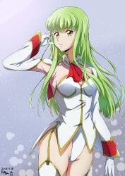 Rule 34 | 1girl, absurdres, arm up, ascot, breasts, c.c., code geass, cowboy shot, dated, detached sleeves, garter straps, gloves, gold trim, green hair, groin, highres, kippei, leotard, light particles, long hair, looking at viewer, medium breasts, parted lips, red ascot, signature, thighhighs, thighs, white gloves, white leotard, white thighhighs, yellow eyes