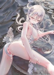 Rule 34 | 1girl, aftersex, ass, bare shoulders, breasts, cum, halo, highres, innertube, jima, medium breasts, nipples, pussy, silver hair, solo, sweat, swim ring, water