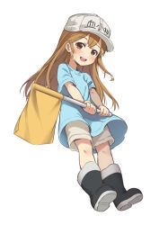 Rule 34 | 10s, 1girl, blush, boots, brown eyes, brown hair, child, female focus, flag, full body, hat, hataraku saibou, highres, holding, holding flag, long hair, looking at viewer, looking to the side, open mouth, piano-alice, platelet (hataraku saibou), shirt, short sleeves, shorts, solo, teeth, white hat