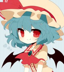 Rule 34 | 1girl, ascot, bad id, bad pixiv id, bat wings, black wings, blouse, blue background, blue hair, bow, brooch, fang, female focus, haru (kyou), hat, hat bow, jewelry, looking at viewer, puffy sleeves, red eyes, remilia scarlet, shirt, short hair, smile, solo, striped, striped background, touhou, wings