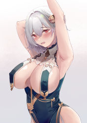 Rule 34 | 1girl, absurdres, armpits, arms up, azur lane, blush, braid, breast curtains, breasts, china dress, chinese clothes, covered erect nipples, dress, flower, garter straps, grey background, grey dress, hair flower, hair ornament, highres, large breasts, looking at viewer, noyuki (3702), official alternate costume, pelvic curtain, presenting armpit, revealing clothes, ribbon between breasts, short hair, side braid, simple background, sirius (azur lane), sirius (azure horizons) (azur lane), solo, upper body, white garter straps, white hair