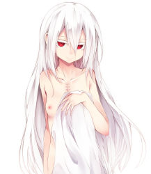 Rule 34 | 1girl, absurdres, bed sheet, breasts, colored eyelashes, covering crotch, covering one breast, covering privates, eyelashes, flat chest, hair between eyes, highres, long hair, nipples, nude, original, otokuyou, red eyes, shiroi ko (haegiwa), shiroi ko (otokuyou), simple background, small breasts, solo, stitches, very long hair, white background, white hair