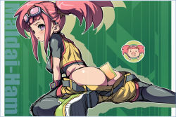 Rule 34 | 00s, 1girl, akaga hirotaka, all fours, arm support, ass, back, belt, between buttocks, black thighhighs, blunt bangs, blush, blush stickers, butt crack, card, chibi, climax entertainment, clothes pull, crop top, dinosaur king, embarrassed, female focus, fork, goggles, goggles on head, knife, latex, leaning forward, long hair, looking at viewer, looking back, no panties, open mouth, panties, pants, pants pull, panty pull, parody, pig, pig girl, pig snout, pink eyes, pink hair, purple eyes, sega, shadow, shoes, shorts, shorts pull, sitting, sketch, sneakers, solo, spread legs, tank top, tatsuno malm, thighhighs, thong, twintails, underwear, watch, wristwatch