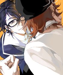Rule 34 | 2boys, absurdres, black hair, fushimi saruhiko, glasses, headphones, highres, k-project, light smile, liyuanlimeiyouliqy, looking at another, male focus, multiple boys, red hair, short hair, smile, yata misaki, yellow background
