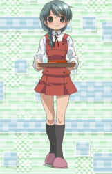 Rule 34 | 1girl, black socks, blush, bowl, braid, closed mouth, dot nose, glass, glass of water, green eyes, green hair, hidamari sketch, highres, holding, holding tray, legs, long sleeves, lunch tray, natsume (hidamari sketch), pink slippers, school uniform, single braid, slippers, smile, socks, solo, standing, stitched, third-party edit, tray, yamabuki high school uniform