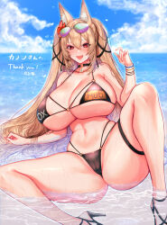 1girl :d animal_ear_fluff animal_ears artist_name bikini black_bikini black_choker black_ribbon blonde_hair blue_sky blush breasts choker cleavage commission commissioner_name eyewear_on_head flower fox_ears hair_flower hair_ornament hair_ribbon hand_up heart high_heels highres horizon large_breasts long_hair looking_at_viewer milk4290 navel numako_(pizza_kanon) o-ring o-ring_bikini o-ring_choker ocean open_mouth original phantasy_star phantasy_star_online_2 pornhub red_eyes ribbon second-party_source sitting skeb_commission sky smile solo stomach sunglasses swimsuit thank_you two_side_up water