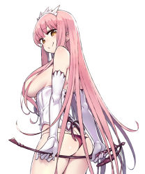 Rule 34 | 1girl, ass, breasts, brown eyes, butt crack, chan co, commentary request, corset, cowboy shot, elbow gloves, fate/grand order, fate (series), from behind, gloves, hair censor, hair over breasts, large breasts, long hair, looking back, medb (fate), panties, pink hair, purple panties, sideboob, sidelocks, simple background, smile, solo, tiara, underboob, underwear, underwear only, very long hair, white background, white gloves