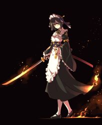 Rule 34 | 1girl, absurdres, black background, burning clothes, fiery footsteps, flame trail, flaming sword, flaming weapon, full body, glasses, highres, holding, holding sword, holding weapon, ishiyumi, katana, maid, maid headdress, original, simple background, solo, standing, sword, triforce, wa maid, weapon