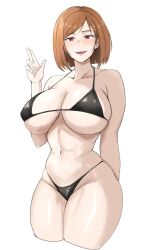 Rule 34 | 1girl, arm behind back, bare shoulders, bikini, black bikini, blush, breasts, brown hair, cleavage, collarbone, commentary request, cowboy shot, highres, large breasts, looking at viewer, micro bikini, miya nns35, navel, open mouth, original, plump, red eyes, short hair, simple background, smile, solo, stomach, swimsuit, teeth, upper teeth only, white background