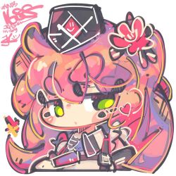 Rule 34 | 1girl, black hat, blush stickers, chibi, collared shirt, dated, flower, garrison cap, goddess of victory: nikke, green eyes, hair flower, hair ornament, hat, heart, jrpencil, long hair, necktie, pink hair, purple necktie, quiry (nikke), shirt, sign, solo, twintails, white shirt