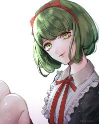 Rule 34 | 1girl, artist name, commentary request, danganronpa (series), danganronpa 3 (anime), danganronpa another episode: ultra despair girls, from side, green eyes, green hair, hair ribbon, hairband, long hair, looking at viewer, ribbon, sakuyu, short hair, simple background, smile, solo, towa monaca, white background
