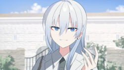Rule 34 | 1girl, black necktie, blue eyes, blue sky, blurry, blurry background, chihuri, cloud, collared shirt, commentary request, day, depth of field, earrings, ende (chihuri), gate, grey hair, hair between eyes, hand up, highres, jacket, jewelry, long hair, looking at viewer, necktie, original, outdoors, parted lips, shirt, sky, solo, stud earrings, upper body, white jacket, white shirt
